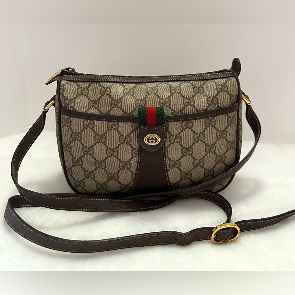 Authentic Gucci Vintage GG Plus Web Shoulder Sherry Line Crossbody Bag